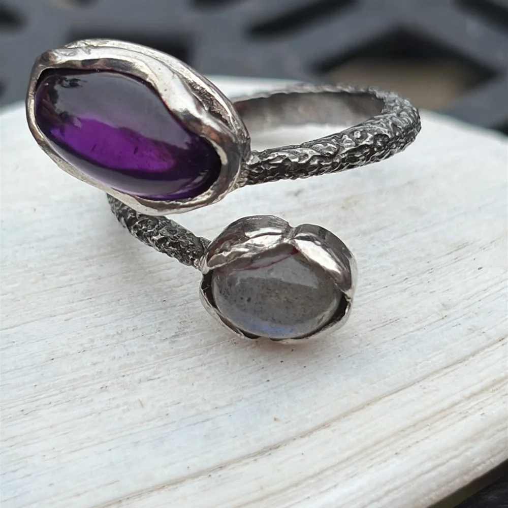 Sterling Double Stone Open Ring with Purple and Iridescent Gemstones - Picture 3 of 8